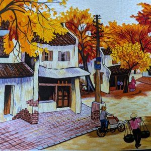 Gorgeous Signed Hand Embroidery Of Vietnamese Village Tapestry Wall Art Vibrant